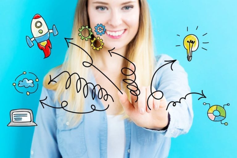 Arrow with Catoon concept with young woman on blue background