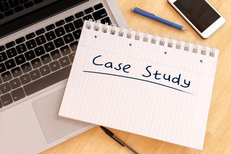 Case Study - handwritten text in a notebook on a desk - 3d render illustration.