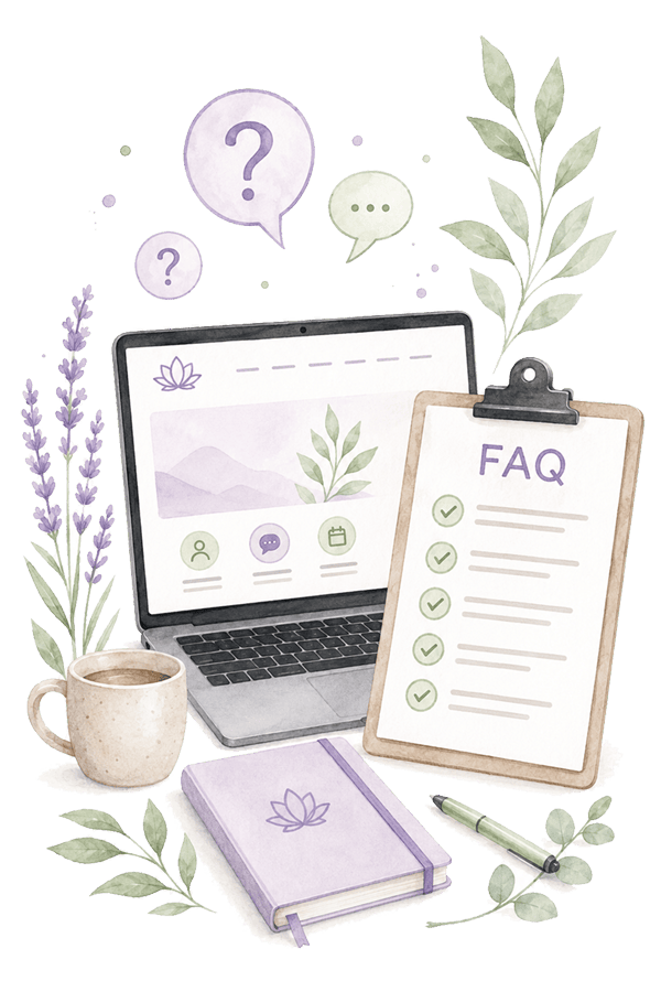 Watercolour illustration of a laptop, checklist and question marks representing Website Health Check FAQs.