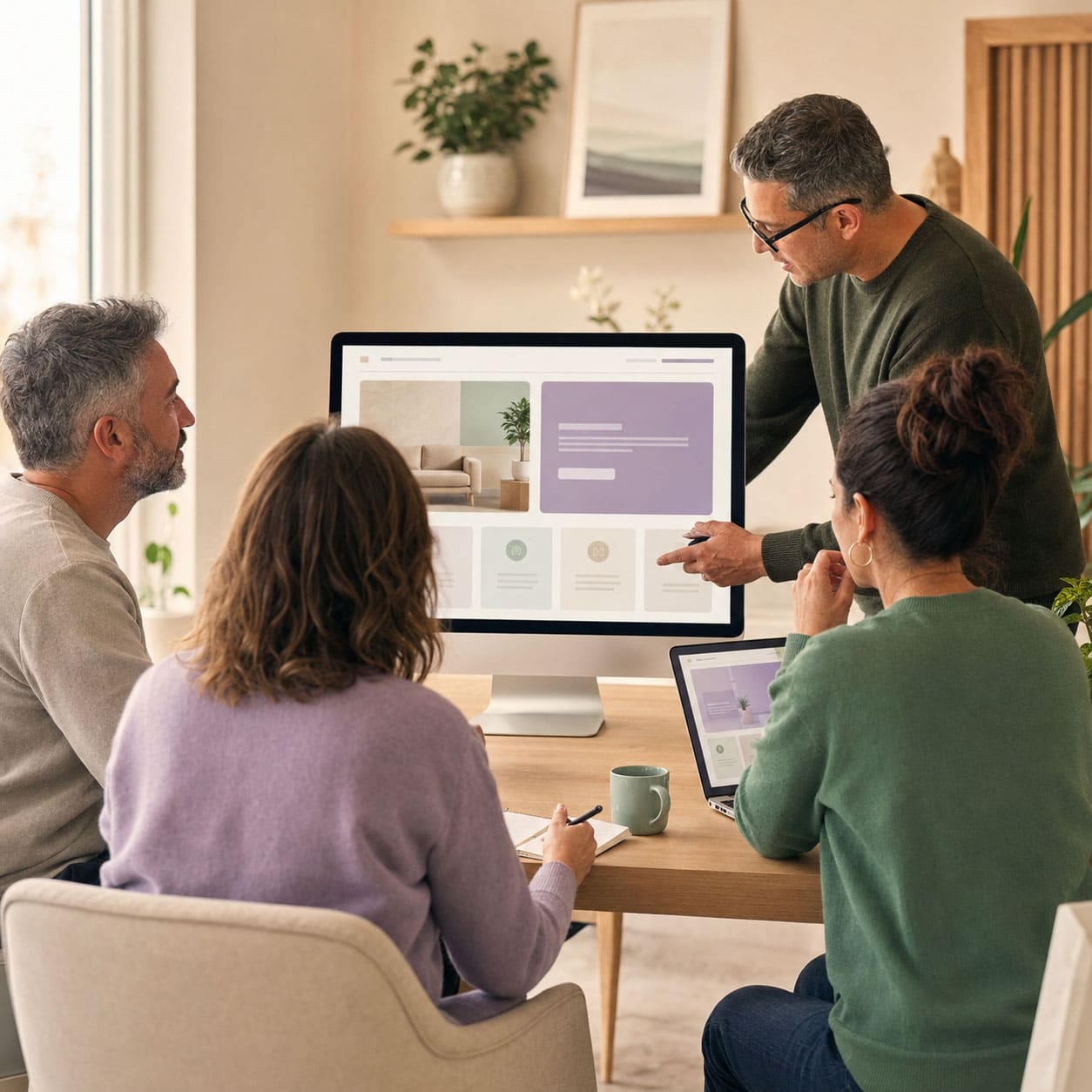 Website design team collaborating in a bright office