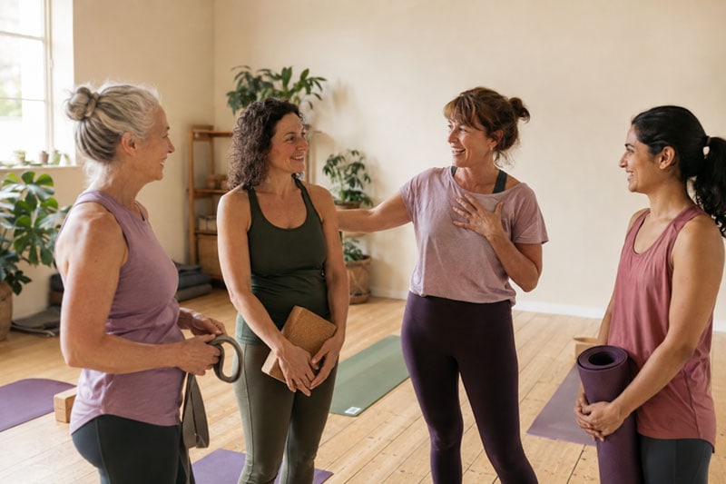 Yoga teacher chatting with students after a class in a bright studio