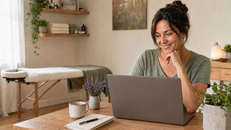 Massage therapist reading client reviews on a laptop in her treatment room