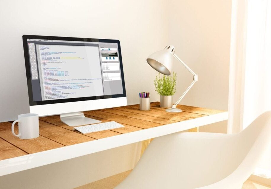3d rendering minimalist workspace with coding computer screen computer and copyspace.  all screen graphics are made up.