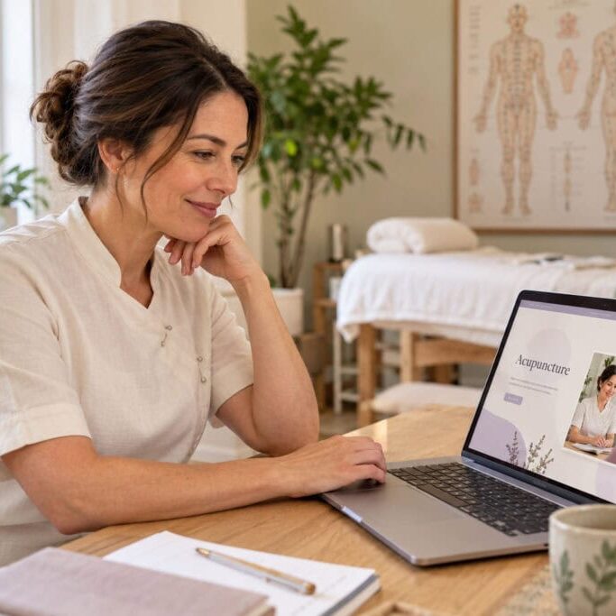 Acupuncturist reviewing her website on a laptop in a bright treatment room.