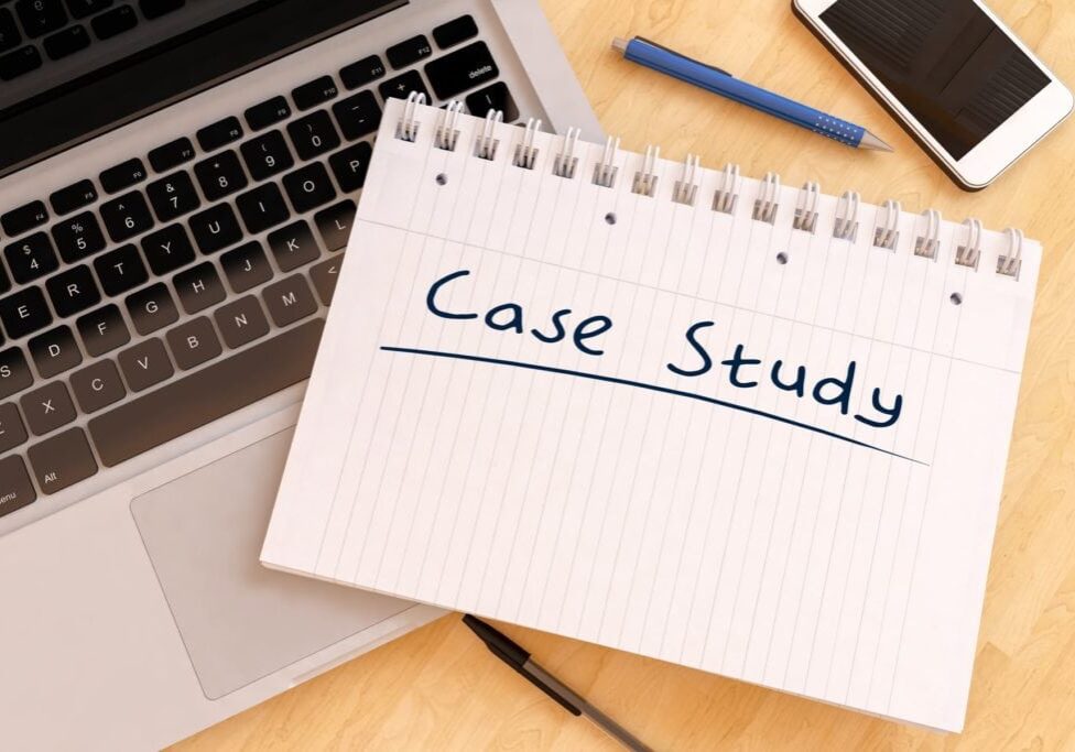 Case Study - handwritten text in a notebook on a desk - 3d render illustration.